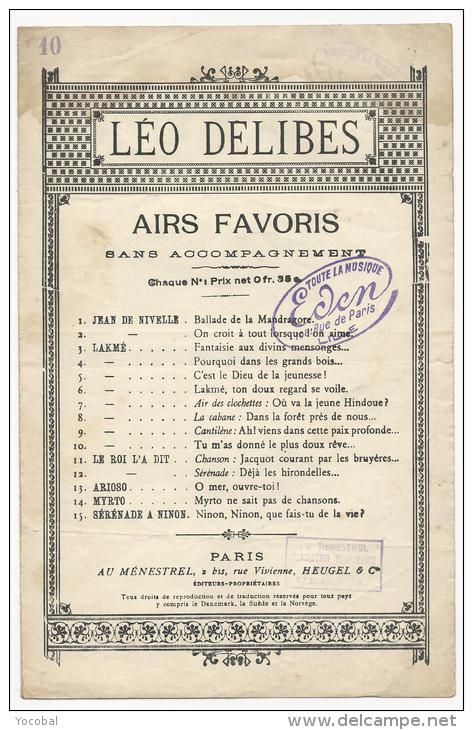 Partition, Léo DELIBES, Airs Favoris Sans Accompagnement, Ed: Au Ménestrel, Frais Fr:1.60€ - Partitions Musicales Anciennes