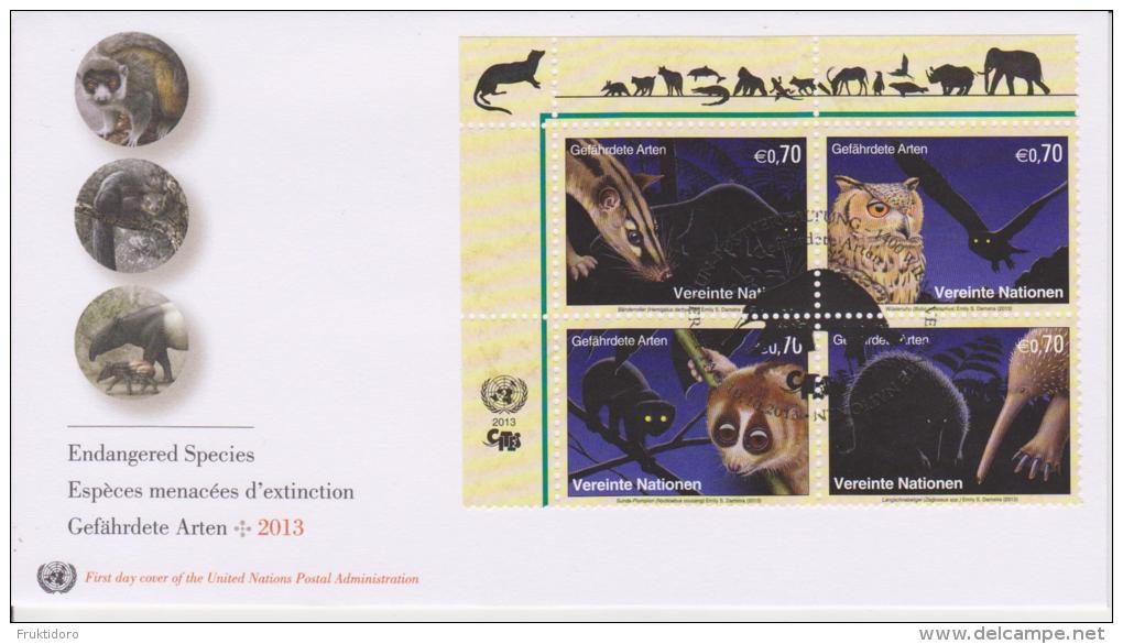 United Nations FDC Mi 793-796 Endangered Species - Banded Civet - Pharaoh Eagle-owl - Greater Slow Loris Echidna - 2013 - FDC