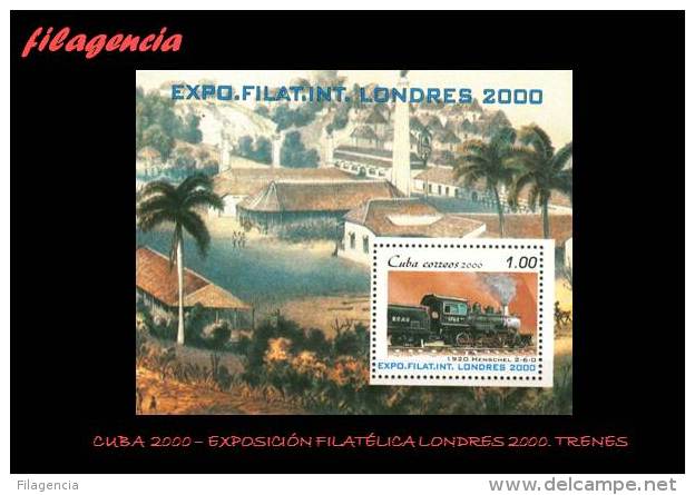 AMERICA. CUBA MINT. 2000 EXPOSICIÓN FILATÉLICA LONDRES 2000. LOCOMOTORAS ANTIGUAS. HOJA BLOQUE - Ungebraucht