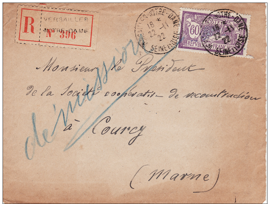 K25 Facade  Enveloppe RECOMMANDE  Cachet De VERSAILLES  En 1922 De Versailles A COURCY (marne) - Lettres & Documents