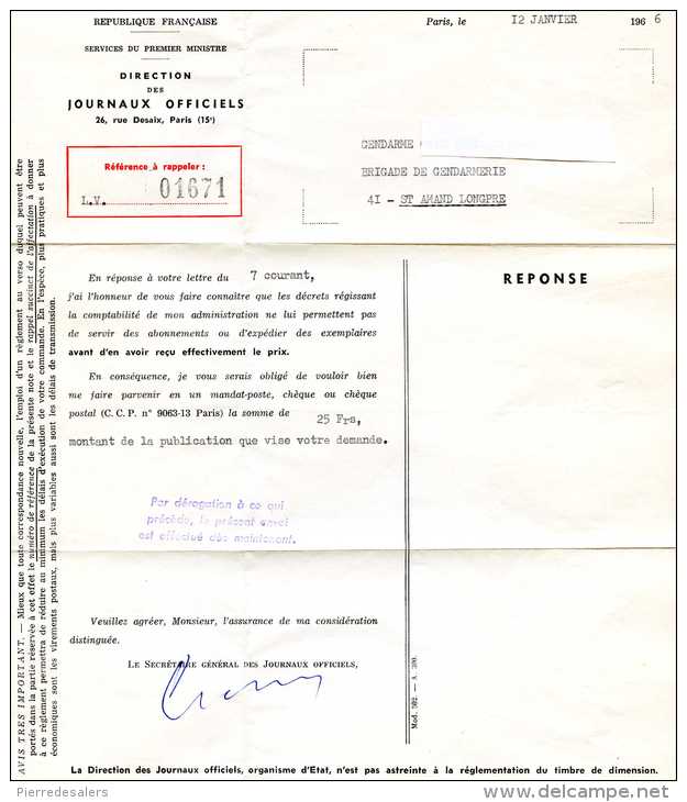 VP - Direction Des Journaux Officiels - Lettre Réponse Abonnement à Un Gendarme - J O - PARIS - Militaria - Police & Gendarmerie