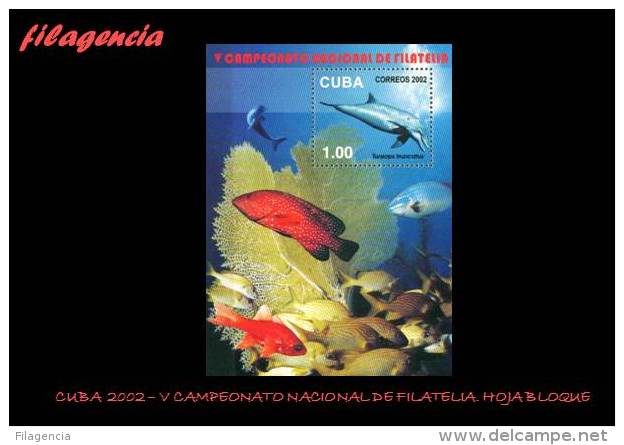 AMERICA. CUBA MINT. 2002 V CAMPEONATO NACIONAL DE FILATELIA. FAUNA. PECES. HOJA BLOQUE - Neufs