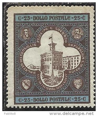 SAN MARINO 1894 INAUGURAZIONE DEL PALAZZETTO DEL GOVERNO CENTESIMI 25 BRUNO E ROSSO MNH BEN CENTRATO - Ungebraucht