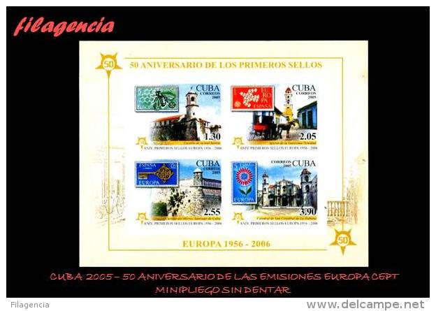 AMERICA. CUBA MINT. 2005 CINCUENTENARIO DE LAS EMISIONES EUROPA CEPT. VERSIÓN SIN DENTAR. HOJA BLOQUE - Unused Stamps