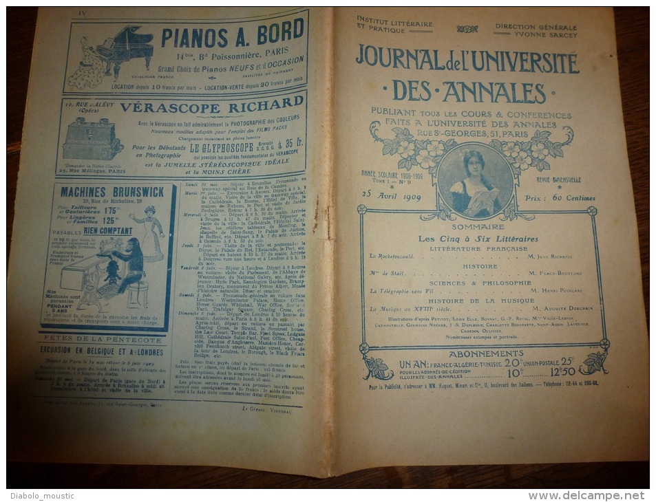 1909 Journal De L'Université Des Annales: Mme De Staël;La Télégraphie Sans Fil (Henri Poincaré); Musique Du XVIIIème - 1901-1940