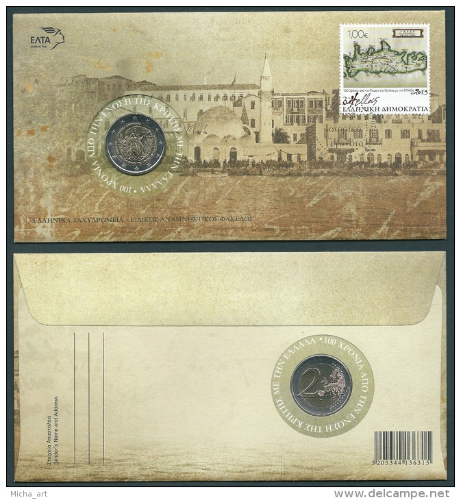 Greece 2013 Historical Events Part C - 100 Years Of The Incorporation Of Crete Envelope With Special Coin Of 2 € FDC - FDC