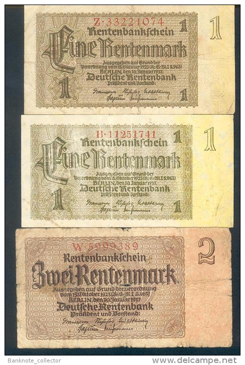 Deutschland, Germany - 2 X 1 & 1 X 2 Rentenmark, Ro. 166 B & C & Ro. 167 A,  ( Serie Z & B & W ) 1937 ! - 1 Rentenmark