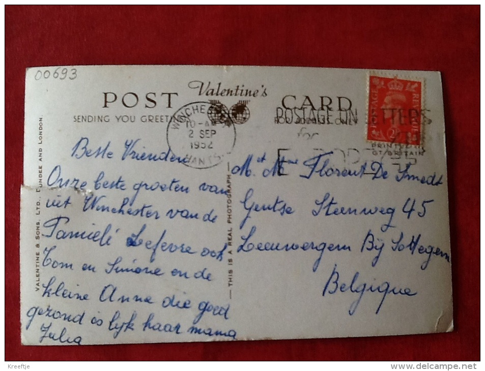 UK. Best Luck From Winchester, Sent To Belgium 1952, Damaged Card. - Winchester