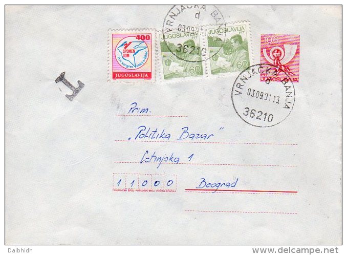YUGOSLAVIA 1991 106d Stationery Envelope With Bihac Congress Charity Stamp - Charity Issues