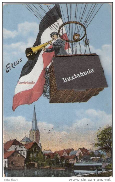 Gruß A Buxtehude Heißluft Ballonfahrer Megaphon Col Deutsch National Fahne Schwarz Weiß Rot Nach PORTO Stempel 11.6.1913 - Buxtehude