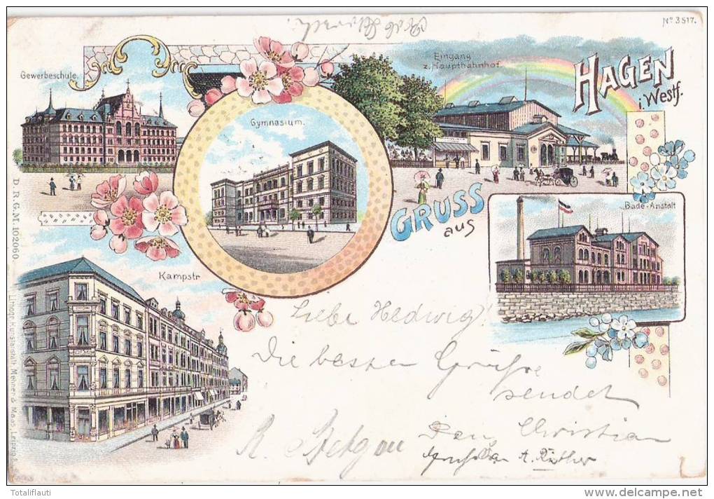 Gruss Aus Hagen Color Litho Bade Anstalt Kampstraße Gewerbeschule Bahnhof Gymnasium 7.5.1899 - Hagen