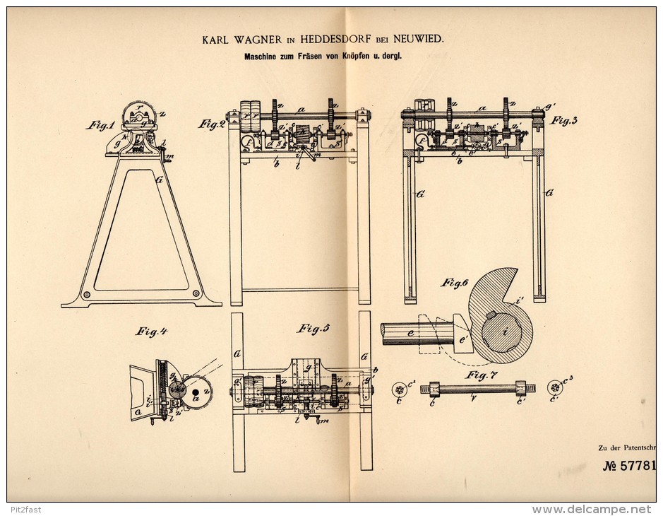 Original Patentschrift - Karl Wagner In Heddesdorf B. Neuwied , 1890 , Maschine Für Knöpfe , Knopf , Maschinenbau !!! - Maschinen