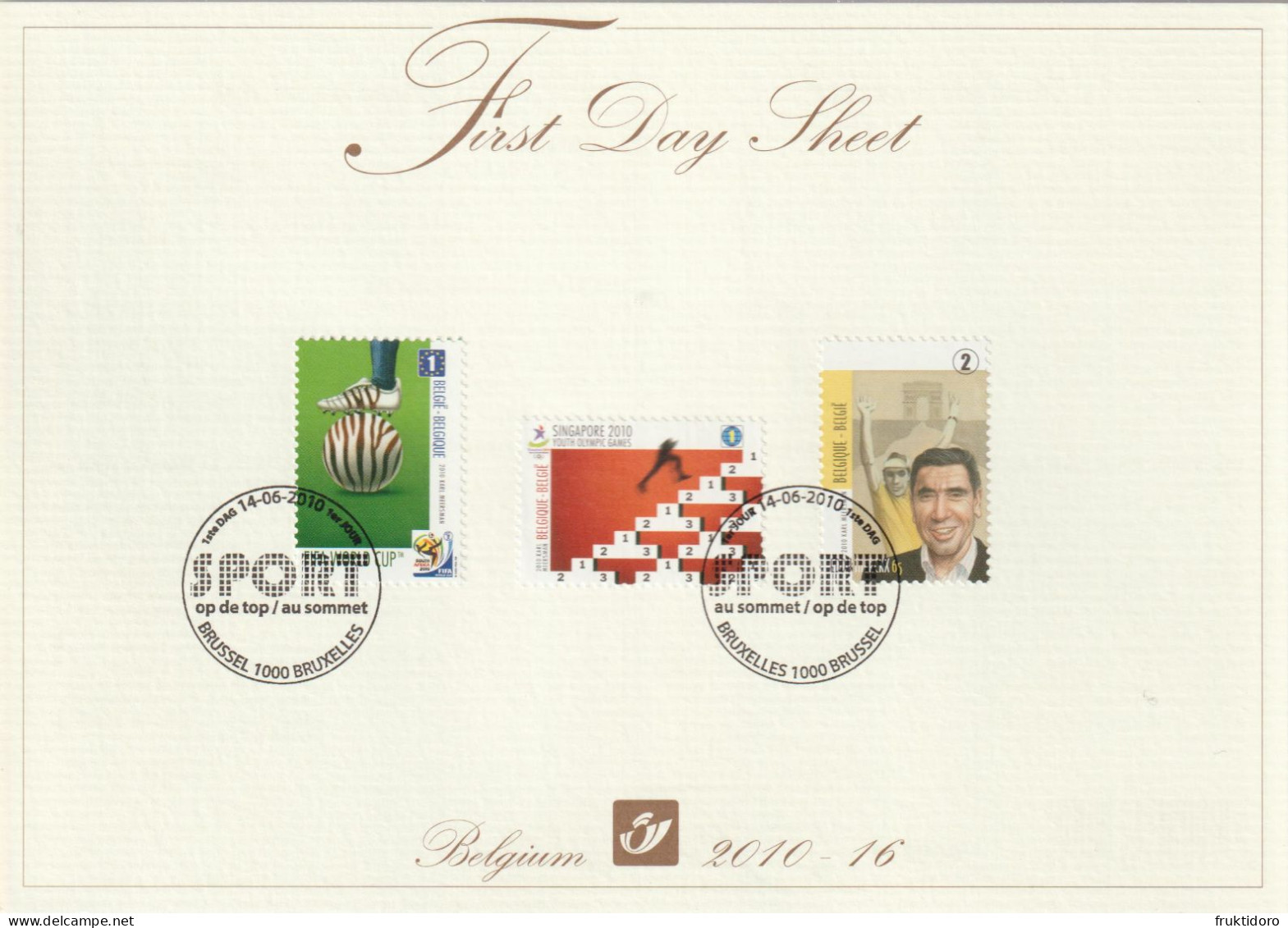 Belgium First Day Sheet 2010-16 Mi 4090-4092 FIFA World Championship - Youth Olympic Games - Singapore - Sports Eddy - 1999-2010