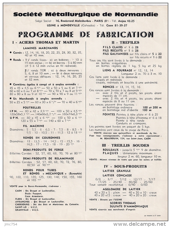 SMN. Sté Métallurgique De Normandie. Programme De Fabrication + Photo De L'usine. - Machines