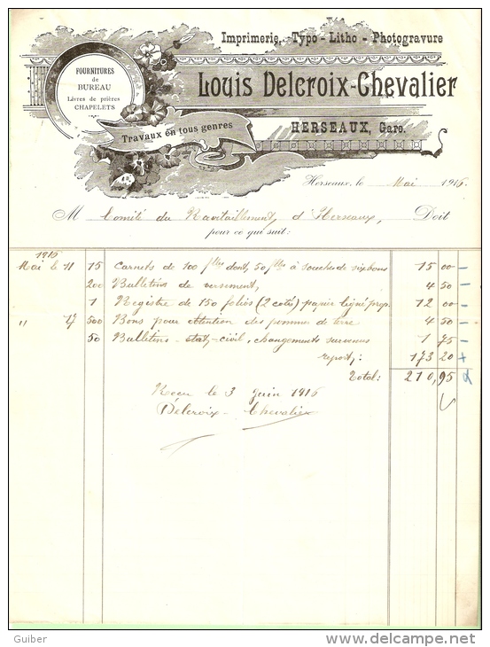 Herseaux Gare 1916 Louis Delcroix Chevalier Imprimerie Typo Litho - Imprimerie & Papeterie