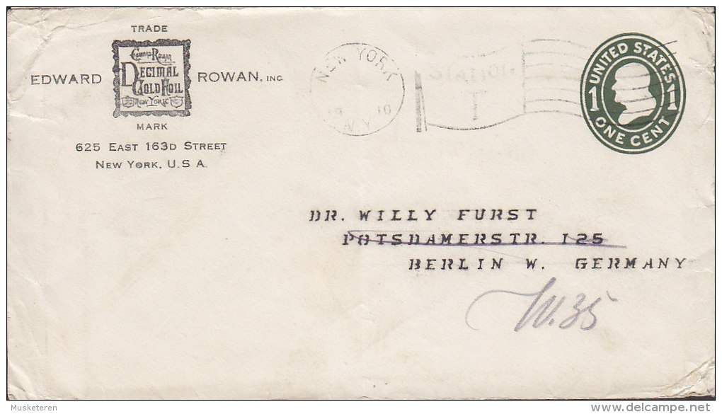 United States Uprated Postal Stationery Ganzsache Entier EDWARD ROWAN, NEW YORK 1910 Cover Brief BERLIN (2 Scans - 1901-20