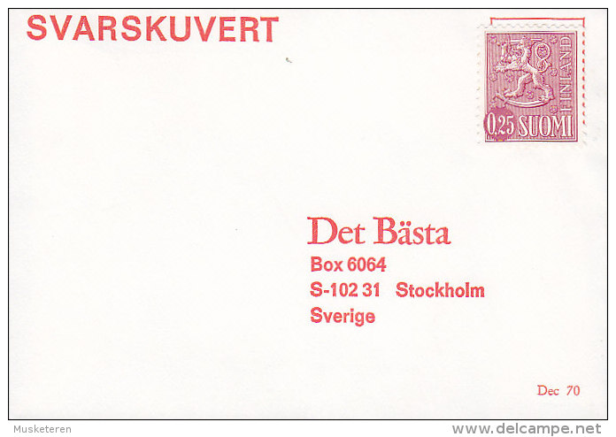 Finland "Petite" SVARKUVER Dec (19)70 Cover Brief To DET BÄSTA,STOCKHOLM Sweden Lion Löwe Arms Stamp (2 Scans) - Briefe U. Dokumente