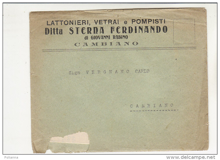 PO3014C# LETTERA CON BUSTA CARTA INTESTATA LATTONIERE - VETRAI - POMPISTI STERNA - CAMBIANO - TORINO 1931 FISCALI REGNO - Italia