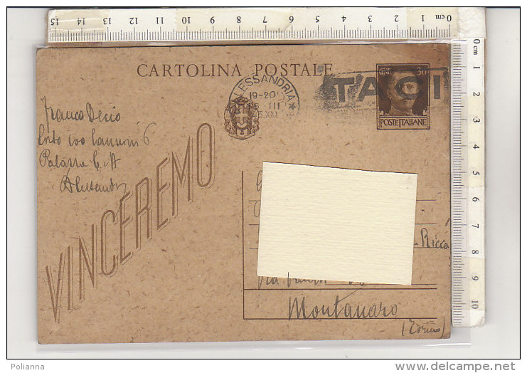 PO3106C# CARTOLINA POSTALE IN FRANCHIGIA 30 Cent.  VG Alessandria-Montanaro 1943 - Franchise