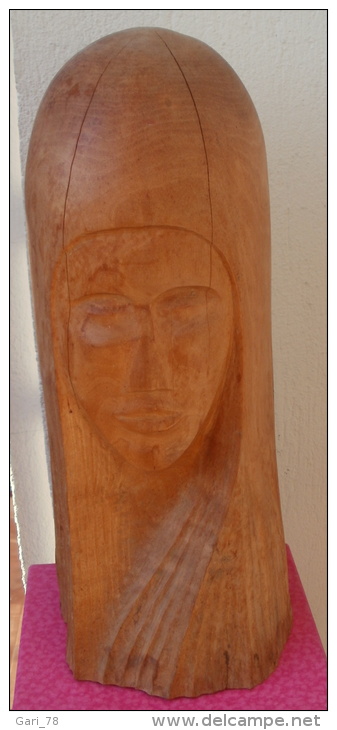 Statue En Bois Sculpté, Faim Main, Artisanal, Tête De Femme - Bois