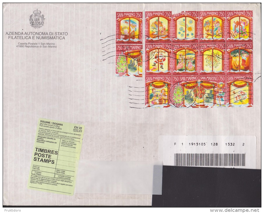 San Marino Registered Letter With Mi 1682-1693 Christmas - Santa Claus - Customs Declaration - Barcode - Sellos De Urgencia