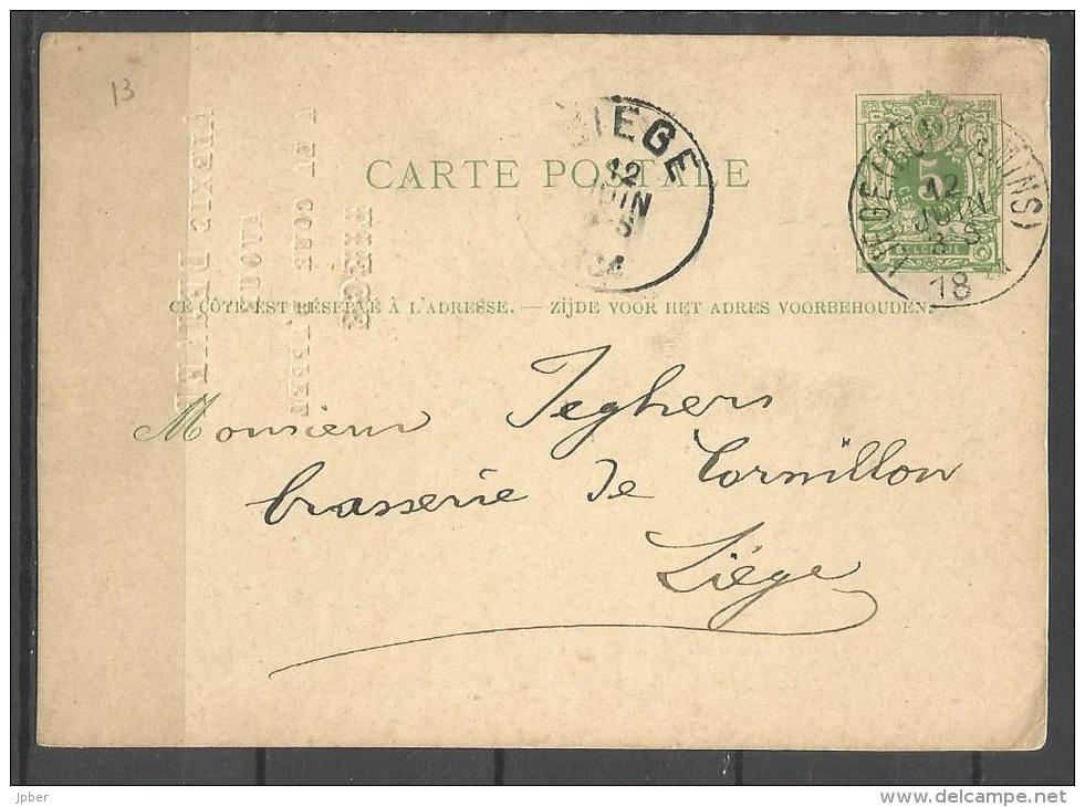 Belgique - N301 - Carte Postale - Timbre Imprimé N°45 (Lion Couché) Obl. Liège (Guillemin) Pour La Ville - Tarjetas 1871-1909