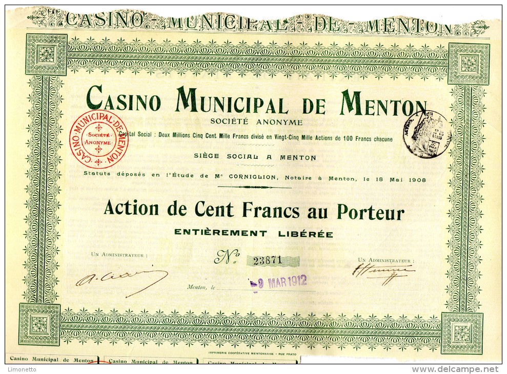 Actions-  Casino Municipal De Menton - Lot De 15 Actions De 100 Frs   De1912 ( Lot 2)   Bon état - Casino