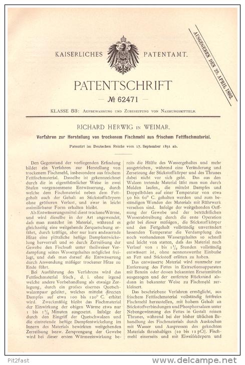 Original Patentschrift -  R. Herwig In Weimar , 1891 , Herstellung Von Fischmehl , Fisch , Fische !!! - Historische Dokumente