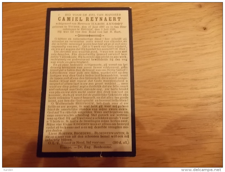 Doodsprentje Camiel Reynaert Veurne 17/6/1887 Brugge 3/7/1928 ( Marie Annoot) - Godsdienst & Esoterisme