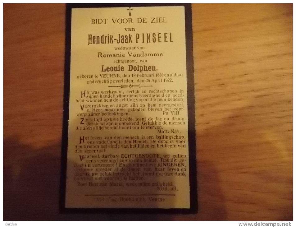 Doodsprentje Hendrik Jaak Pinseel Veurne 18/2/1859 - 26/4/1922 ( Romani Vandamme En Leonie Dolphen) - Religión & Esoterismo