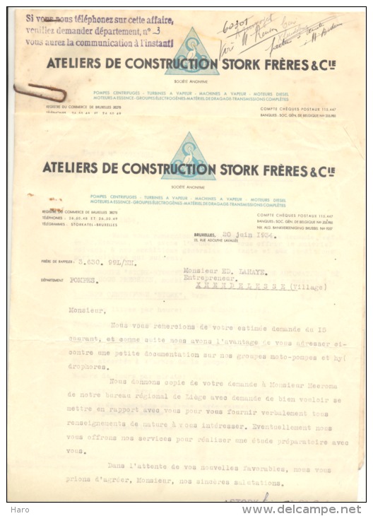 BRUXELLES - Pompes " STORK" Lot De Divers Documents, Voir Descriptif (xh) - Autres & Non Classés