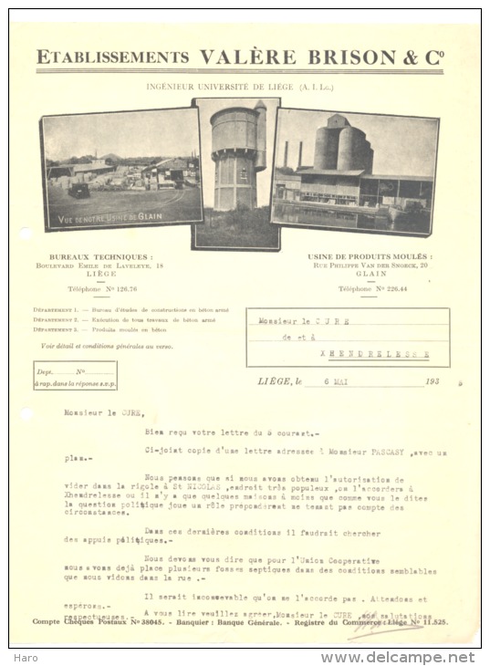 Lettre à Entête Ets Valère BRISON & Co -  Glain - Liège 1934  Avec Photos (xh) - 1900 – 1949