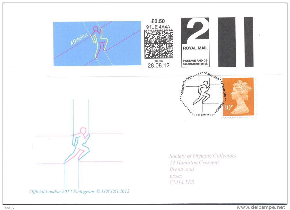 UK Olympic Games London 2012 Letter; Athletics Track And Field Pictogram Smart Stamp Meter; Oly Cachet & Cancellation - Summer 2012: London