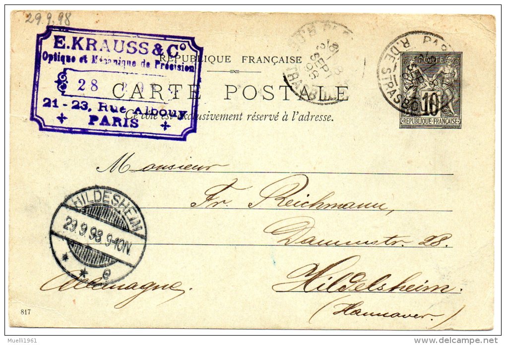 Nr. 566, Ganzsache  , Frankreich, 1898, Hildesheim - Entiers Postaux