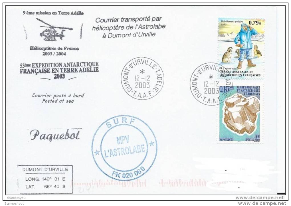 TH - 18774 - Enveloppe Navire L´Astrolabe Base Dumont D´Urville - Courrier Transporté Par Hélicoptère 12.12.2003 - Polar Flights