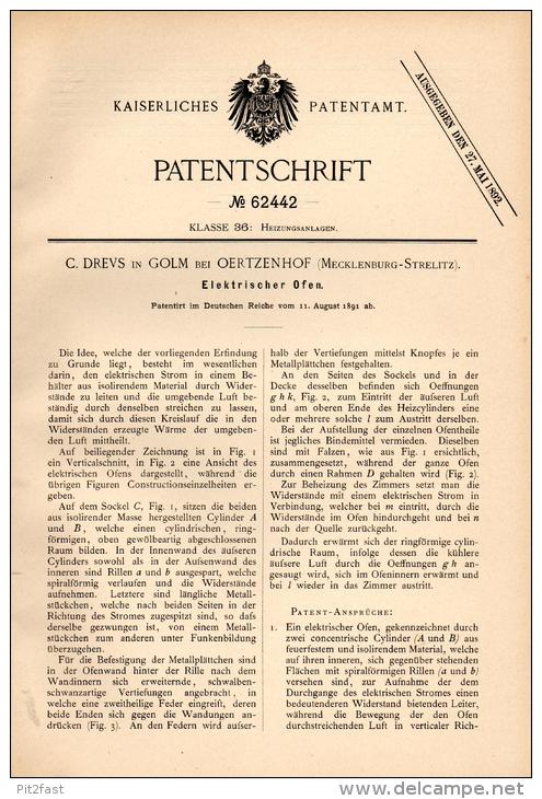 Original Patentschrift -C. Drevs In Golm B. Oertzenhof I. Mecklenburg ,1891,elektrischer Ofen , Neubrandenburg , Oertzen - Neubrandenburg