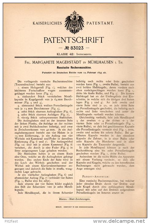 Original Patentschrift -M. Magerstädt In Mühlhausen I.Th. 1895, Russische Rechenmaschine , Rechner , Schule , Mathematik - Maschinen