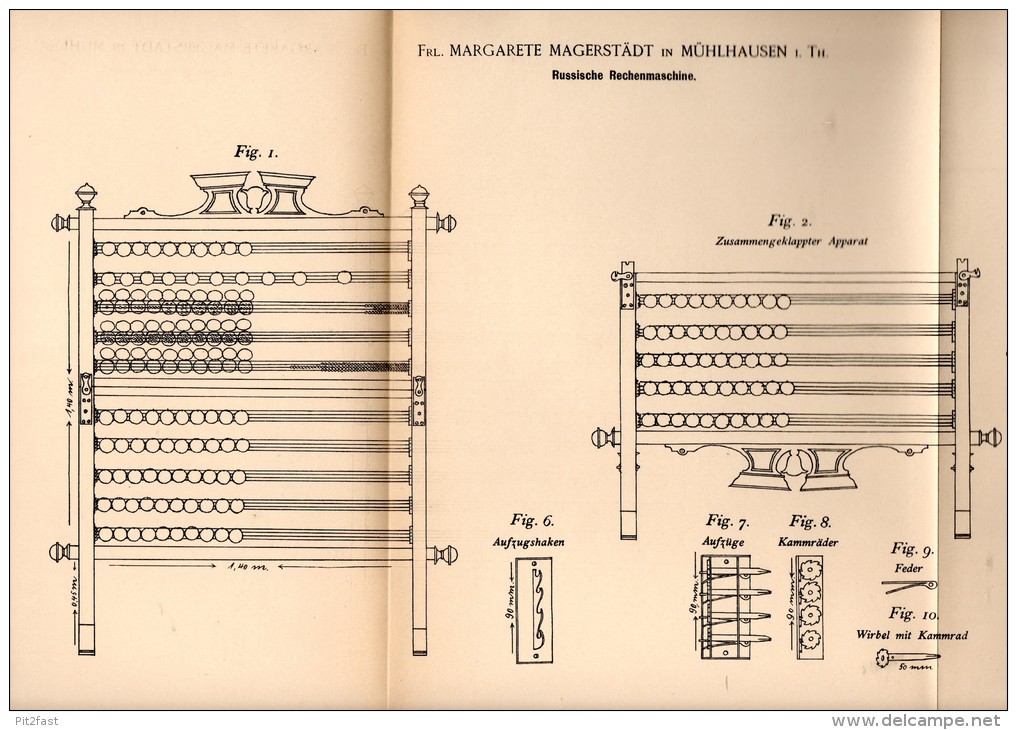 Original Patentschrift -M. Magerstädt In Mühlhausen I.Th. 1895, Russische Rechenmaschine , Rechner , Schule , Mathematik - Tools