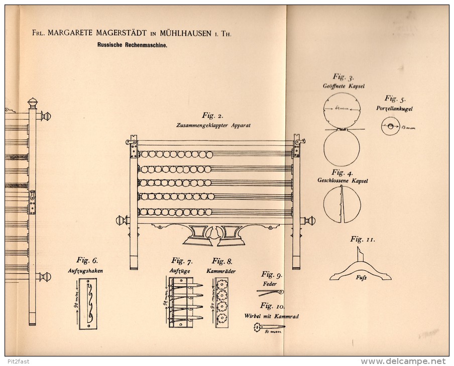 Original Patentschrift -M. Magerstädt In Mühlhausen I.Th. 1895, Russische Rechenmaschine , Rechner , Schule , Mathematik - Tools