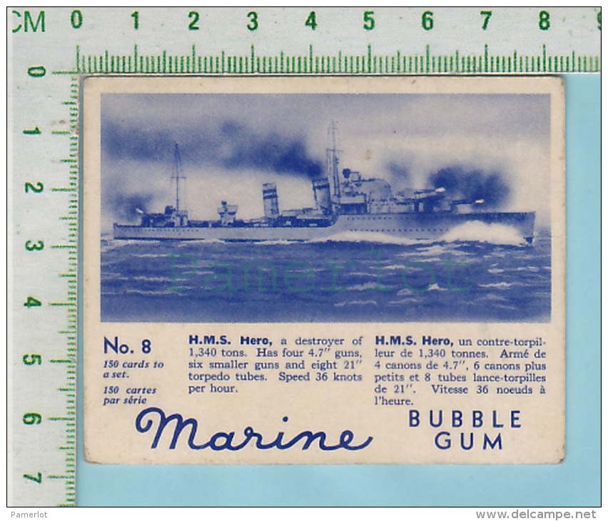 Marine Bubble Gum Series, C 1941 ( No.8 H.M.S. Hero Destroyer)  Bilingue Français &amp; Anglais "English" - 1939-45