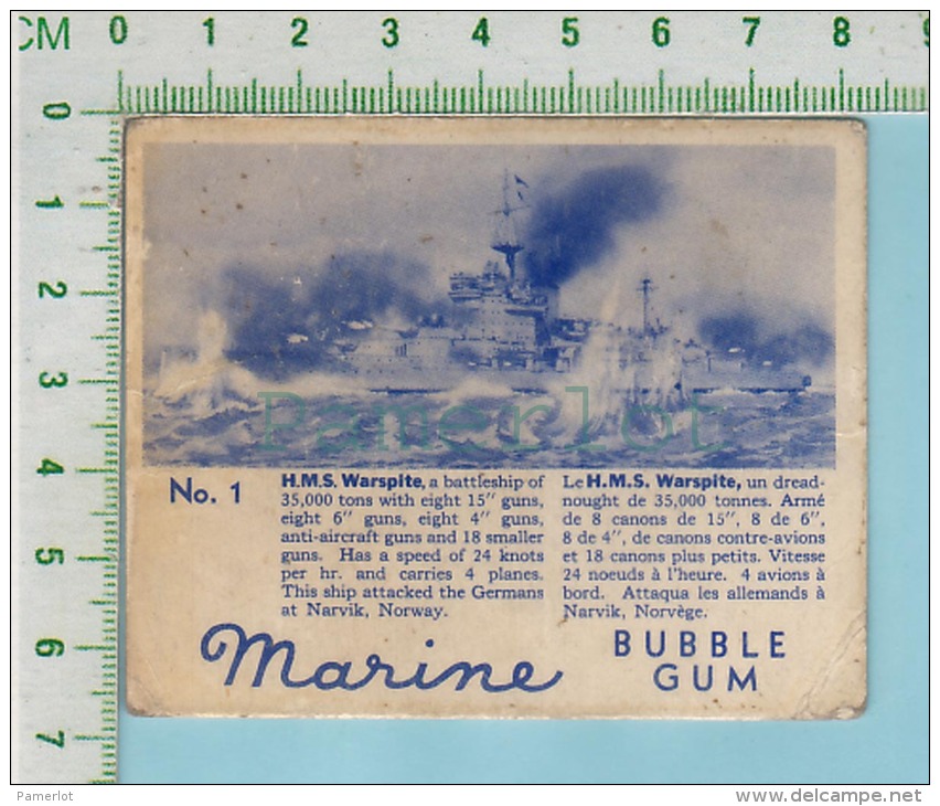 Marine Bubble Gum Series, C 1941 ( No.1 H.M.S. Warspite Battleship )  Bilingue Français &amp; Anglais "English" - 1939-45