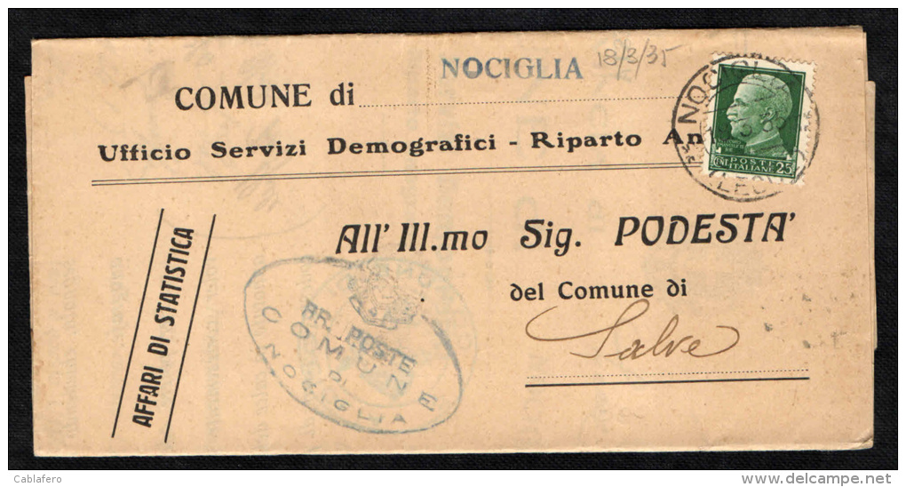 ITALIA - STORIA POSTALE - 1935 -  REGIE POSTE DEL COMUNE DI NOCIGLIA - LECCE - 18-3-35 - Storia Postale