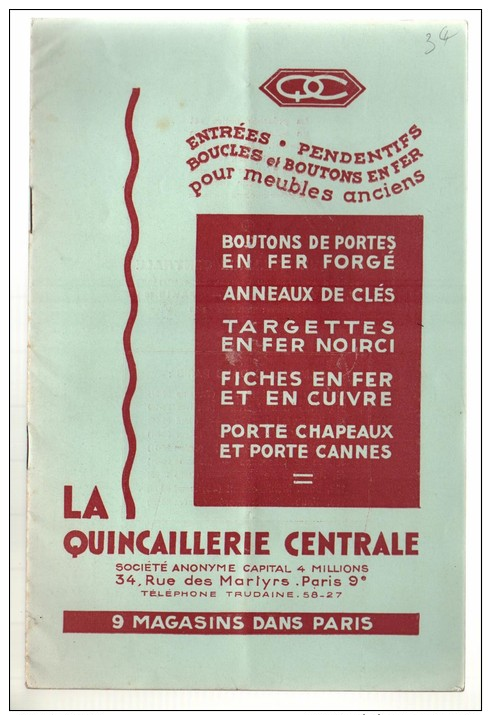 Catalogue En 8 Pages QUINCAILLERIE CENTRALE 34 Rue Des Martyrs Paris - 1950 - ...