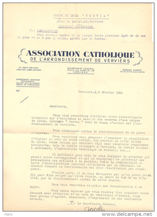 VERVIERS - Lettre à Entête Et Copie Du Reglement Provisoire De La Caisse Décès " VERVIA" (xh) - 1900 – 1949