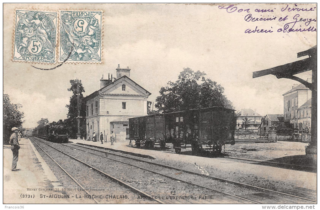 St Saint Aigulin - La Roche Chalais - Arrivée De L'Express De Paris - Train Locomotive Gare - Dos écrit - Otros & Sin Clasificación