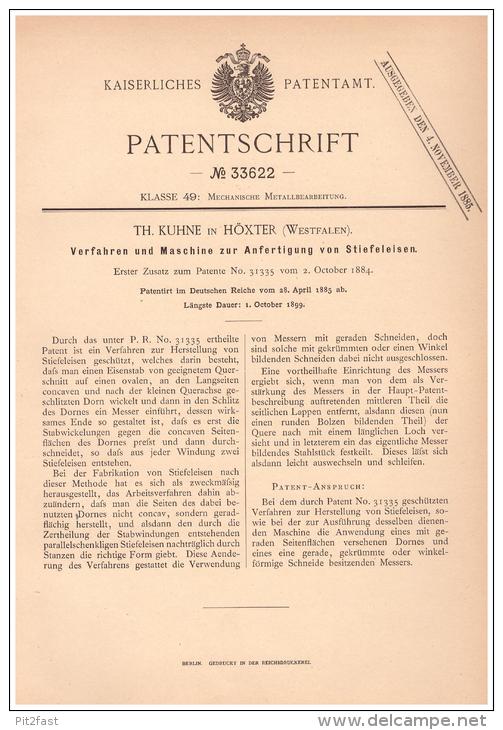 Original Patentschrift - Th. Kuhne In Höxter , Westf., 1885 , Maschine Für Stiefeleisen , Metallbau !!! - Documents Historiques