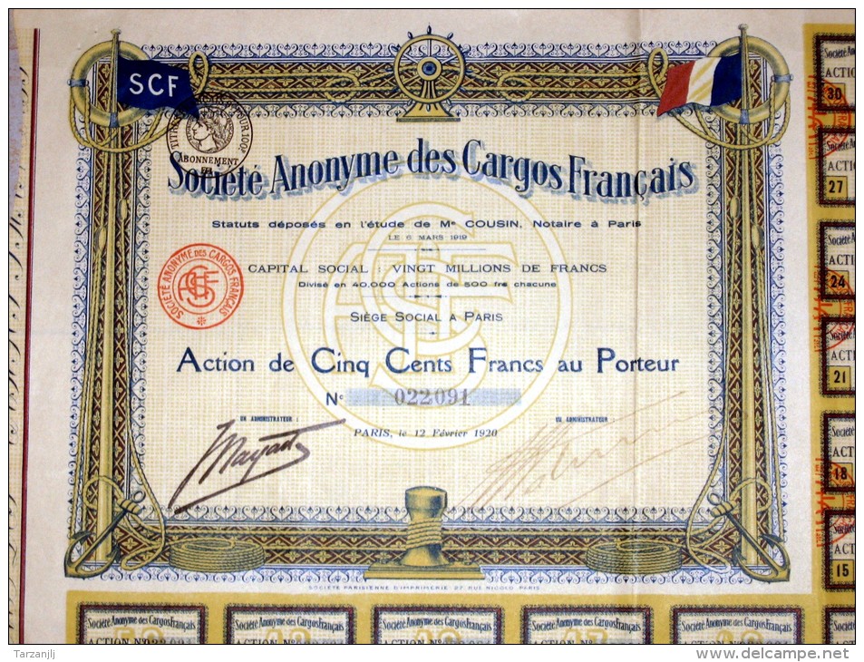 Sté Anonyme Des Cargos Français SCF Siège à Paris Action De 500 Francs Au Porteur 1920 - Transport