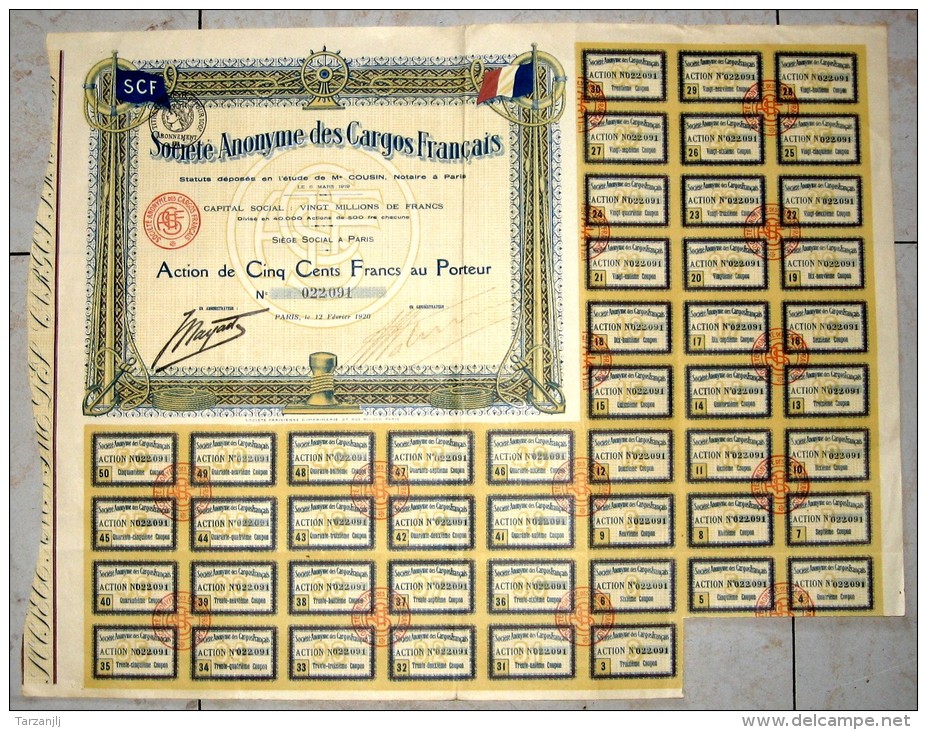 Sté Anonyme Des Cargos Français SCF Siège à Paris Action De 500 Francs Au Porteur 1920 - Transporte