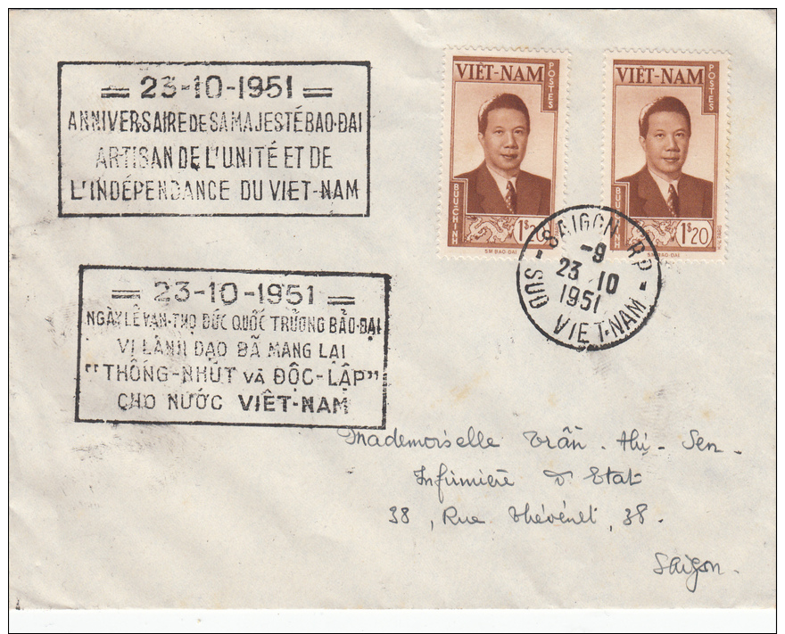 VIETNAM VIET - NAM INDOCHINE 23/10/1951 N°  7 X 2 OBLIT SAIGON R.P. SUD VIETNAM  LETTRE AVION + COMMEMO ANNIVERSAIRE BAO - Vietnam