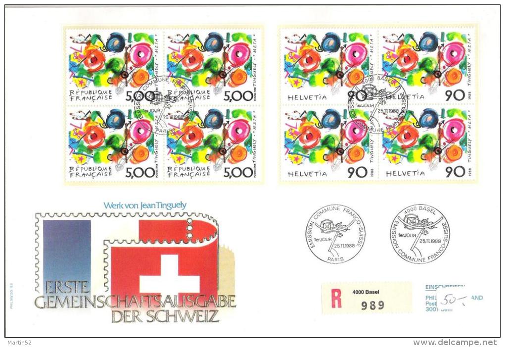 Schweiz Suisse 1988: 1ère Emission Commune Suisse-France: Luxusbrief Tinguely Mit 4er-Blocks Schweiz & France - Emissions Communes